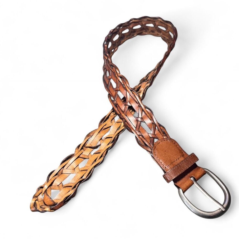 Braided Genuine Leather Belt Brown Woven Size S M 40” Boho Western Casual